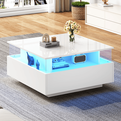 Mesa de centro quadrada de painel de partículas com 2 gavetas e luz led,branco