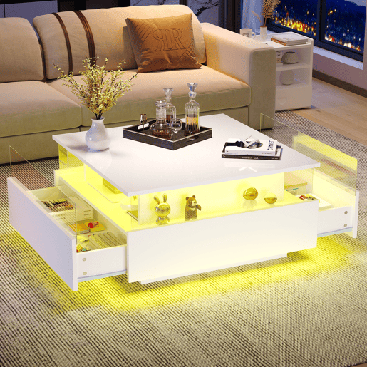 Mesa de centro quadrada de painel de partículas com 2 gavetas e luz led,branco