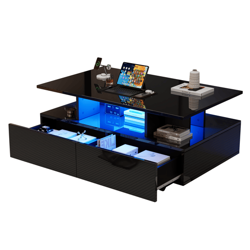 Mesa de centro retangular de painel de partículas com 2 gavetas e luz led,preto Mesa de centro retangular de painel de partículas com 2 gavetas e luz led,preto