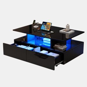 Mesa de centro retangular de painel de partículas com 2 gavetas e luz led,preto