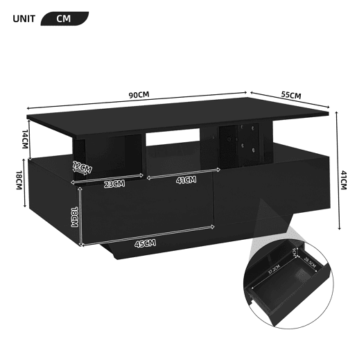 Mesa de centro retangular de painel de partículas com 2 gavetas e luz led,preto Mesa de centro retangular de painel de partículas com 2 gavetas e luz led,preto