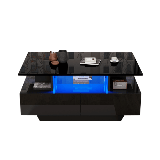 Mesa de centro retangular de painel de partículas com 2 gavetas e luz led,preto Mesa de centro retangular de painel de partículas com 2 gavetas e luz led,preto