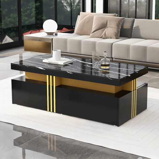Mesa de centro retangular de painel de partículas com 2 gavetas,preto