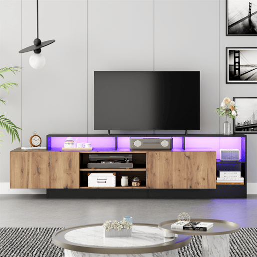 Móvel de TV 190cm de painel de partículas com 2 portas giratórias e luz led,preto+madeira