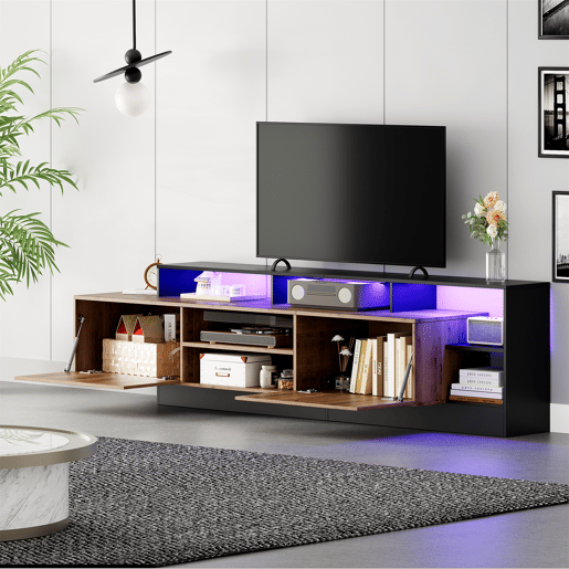 Móvel de TV 190cm de painel de partículas com 2 portas giratórias e luz led,preto+madeira