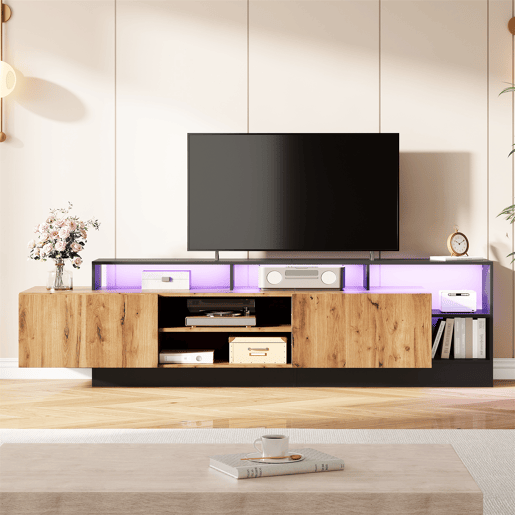Móvel de TV 190cm de painel de partículas com 2 portas giratórias e luz led,preto+madeira