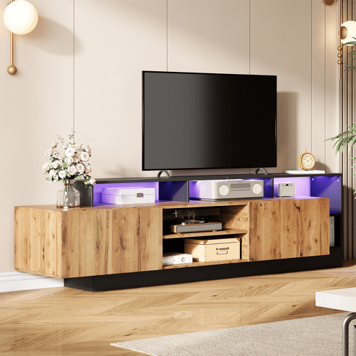 Móvel de TV 190cm de painel de partículas com 2 portas giratórias e luz led,preto+madeira