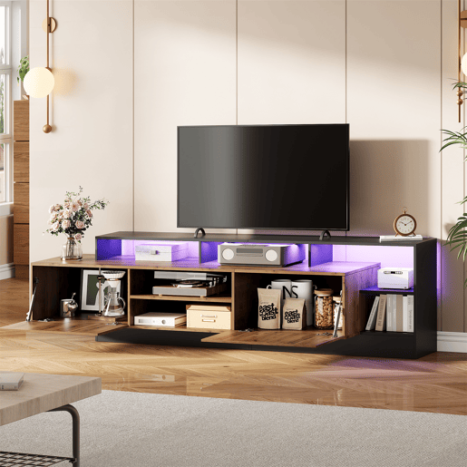 Móvel de TV 190cm de painel de partículas com 2 portas giratórias e luz led,preto+madeira