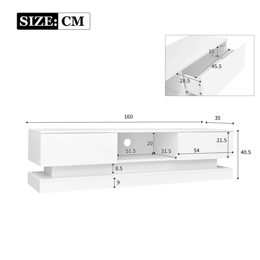 Móvel de TV 160cm de painel de partículas com 2 gavetas e luz led,branco