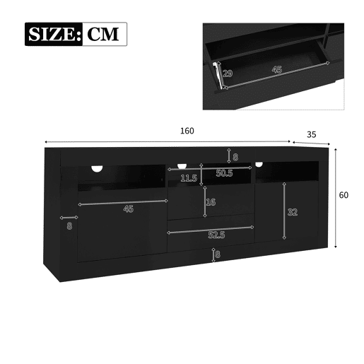 Móvel de TV 160cm de painel de partículas com 2 portas,2 gavetas e luz led,preto