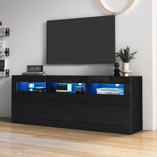 Móvel de TV 160cm de painel de partículas com 2 portas,2 gavetas e luz led,preto