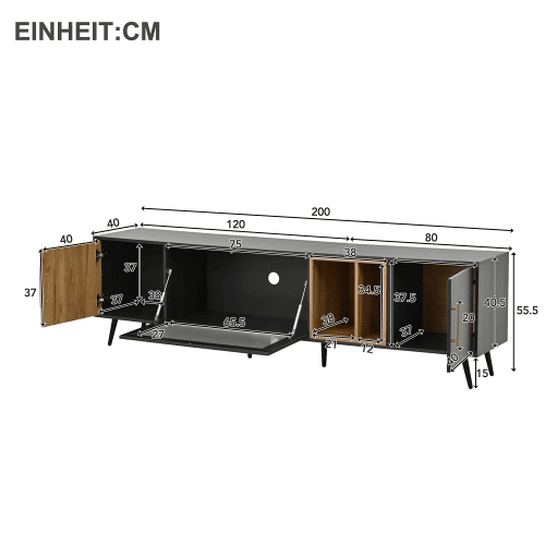 Móvel de TV 200cm de mdf com 3 portas e 2 compartimentos,preto+madeira Móvel de TV 200cm de mdf com 3 portas e 2 compartimentos,preto+madeira