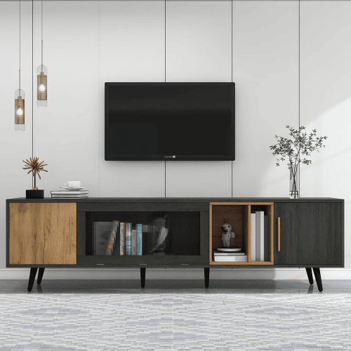 Móvel de TV 200cm de mdf com 3 portas e 2 compartimentos,preto+madeira Móvel de TV 200cm de mdf com 3 portas e 2 compartimentos,preto+madeira