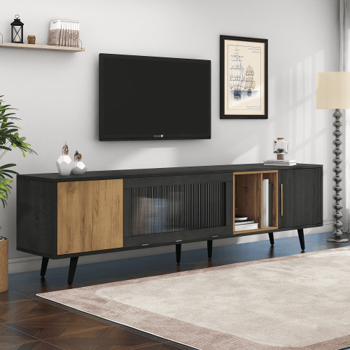 Móvel de TV 200cm de mdf com 3 portas e 2 compartimentos,preto+madeira Móvel de TV 200cm de mdf com 3 portas e 2 compartimentos,preto+madeira