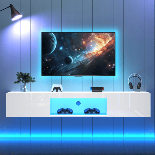 Móvel de TV de parede 160cm de painel de partículas com 2 portas e luz led,branco