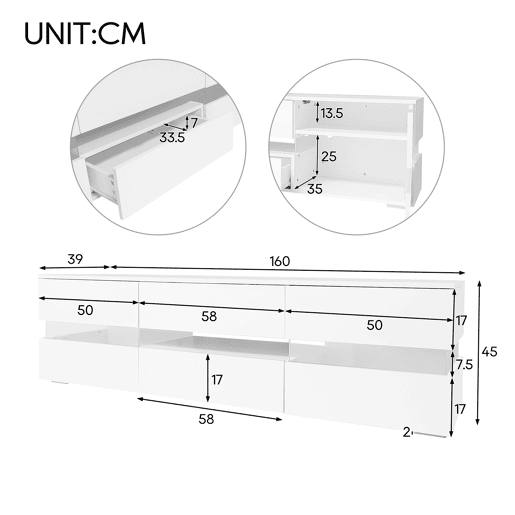 Móvel de TV 160cm de painel de partículas com 2 portas,1 gaveta e luz led,branco