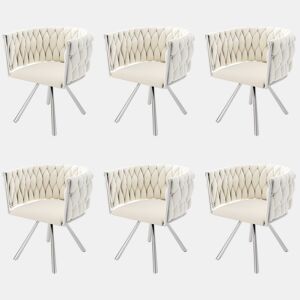 Conjunto de 6 cadeiras giratórias de veludo com braços - pernas de metal prateado - Bege