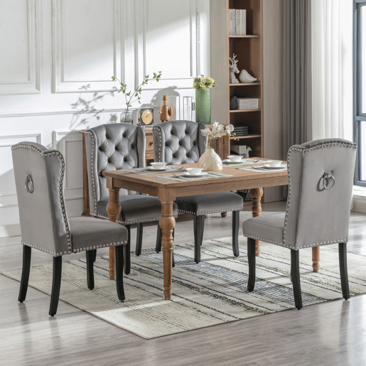 Conjunto de 2 cadeiras de veludo com pernas de carvalho - decoradas com rebites - Cinzento