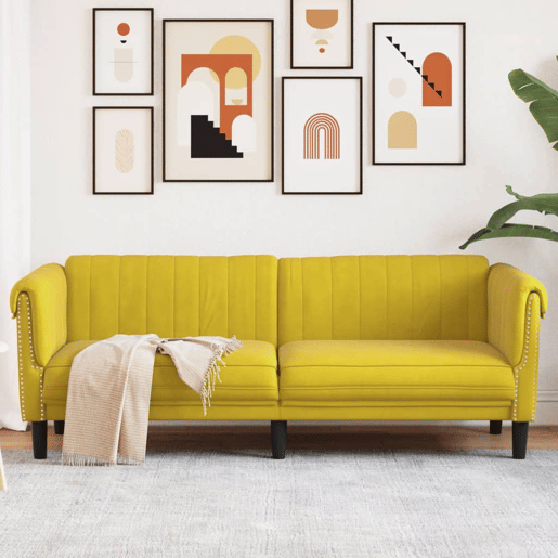 Sofá de 3 lugares - Sofá fixo veludo amarelo