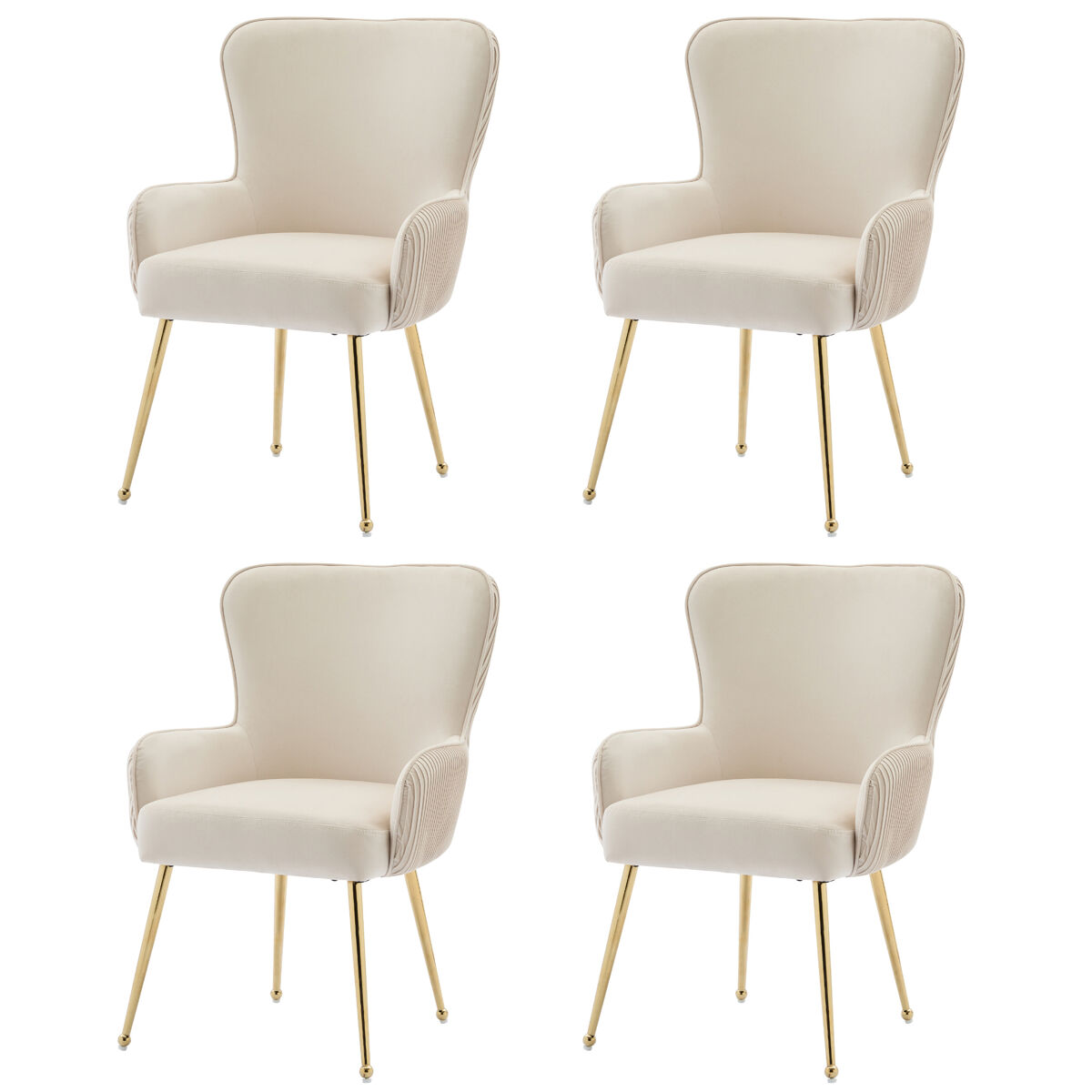 Juego de 4 sillas de terciopelo - con reposabrazos y patas de metal dorado - beige y dorado
