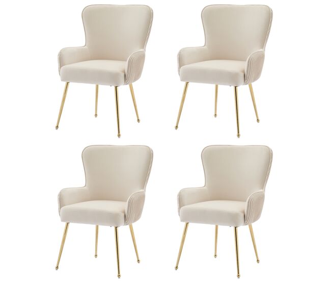 Juego de 4 sillas de terciopelo - con reposabrazos y patas de metal dorado - beige y dorado