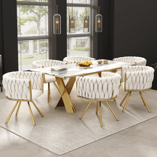 Conjunto de 6 cadeiras giratórias de veludo com braços - pernas de metal dourado - Bege