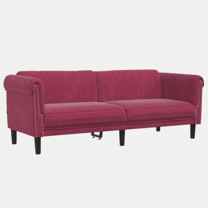 Sofá de 3 lugares - Sofá fixo veludo vermelho tinto