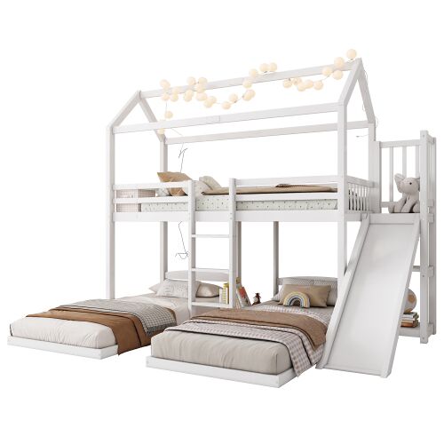 Litera cabaña infantil,cama triple de madera de pino 90x200cm con tobogán,estante,escalera y protección contra caídas,blanco