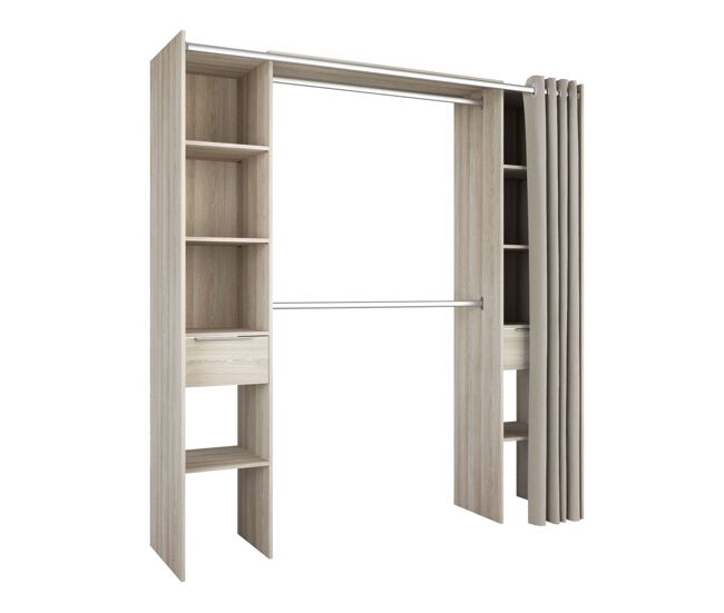 Armario vestidor con 2 cajones, armario abierto dana, vestidor con barras y baldas roble shannon 203x115-190x50 cm