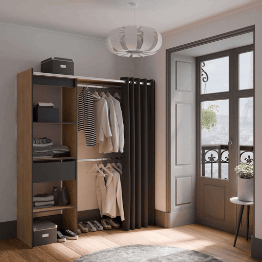 Guarda-roupa extensível com 2 barras de suspensão, prateleiras e gaveta 187x168x50 cm Guarda-roupa extensível com 2 barras de suspensão, prateleiras e gaveta 187x168x50 cm