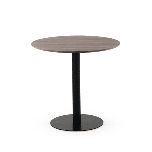 Mesa em melamina nogal 80 de diâmetro, pé central metálico preto