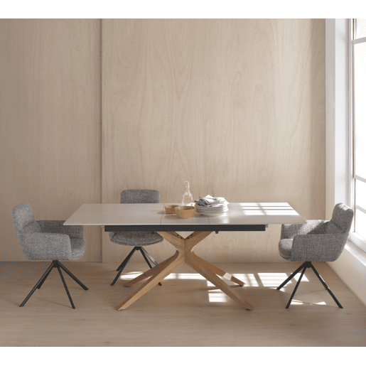 Mesa extensível 160200x90 com pés em carvalho e tampo em cerâmica travertino