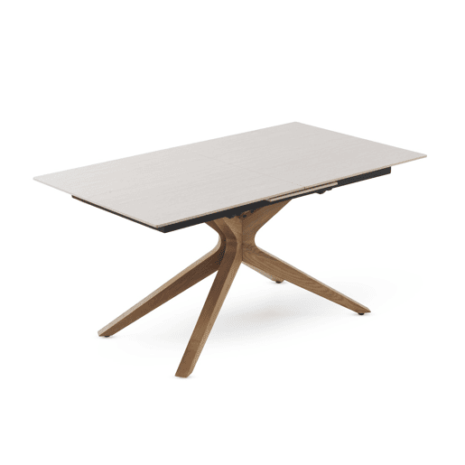 Mesa extensível 160200x90 com pés em carvalho e tampo em cerâmica travertino