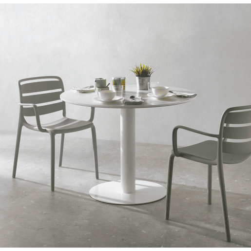 Mesa em melamina branca 80 de diâmetro, pé central metálico branco