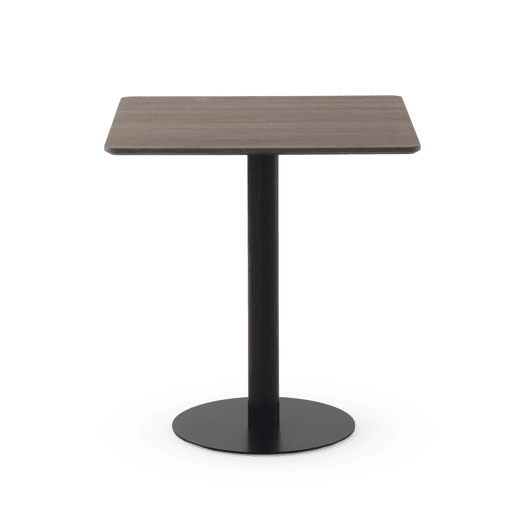 Mesa em melamina nogueira 70x70, pé central metálico preto