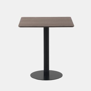 Mesa em melamina nogueira 70x70, pé central metálico preto