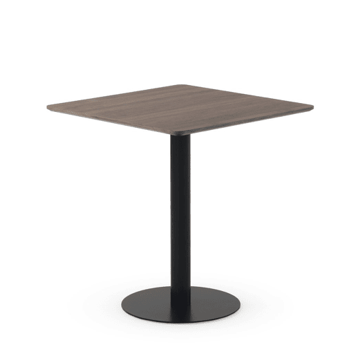Mesa em melamina nogueira 70x70, pé central metálico preto