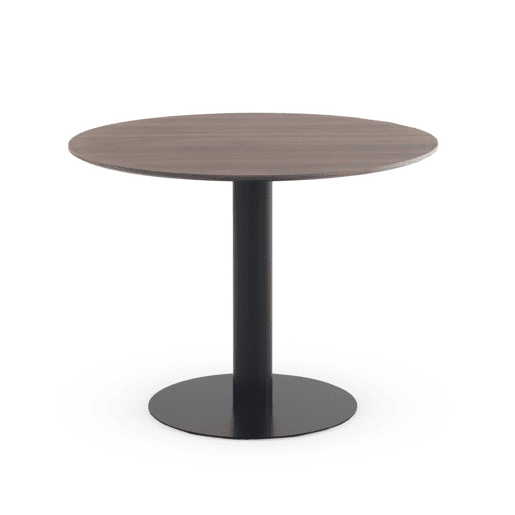 Mesa em melamina nogal 100 de diâmetro, pé central metálico preto