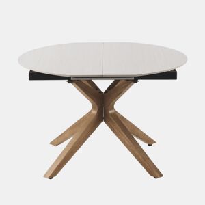 Mesa extensível 120160x90 com pés em carvalho e tampo em cerâmica travertino