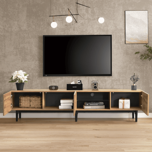 Armário TV com LED 175cm - 3 portas + 2 prateleiras - estilo industrial - Natural
