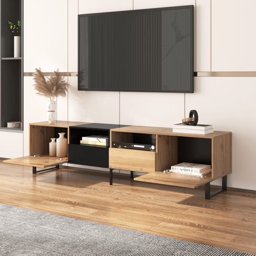 Armário TV 190cm - 2 portas + 2 gavetas + 2 compartimentos - estilo industrial - Natural
