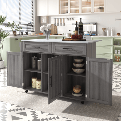 Armários de cozinha com mesa de consola rebatível e 2 gavetas - rodízios ou pés de madeira maciça - Cinzento