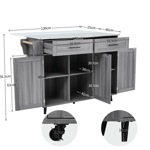 Armários de cozinha com mesa de consola rebatível e 2 gavetas - rodízios ou pés de madeira maciça - Cinzento