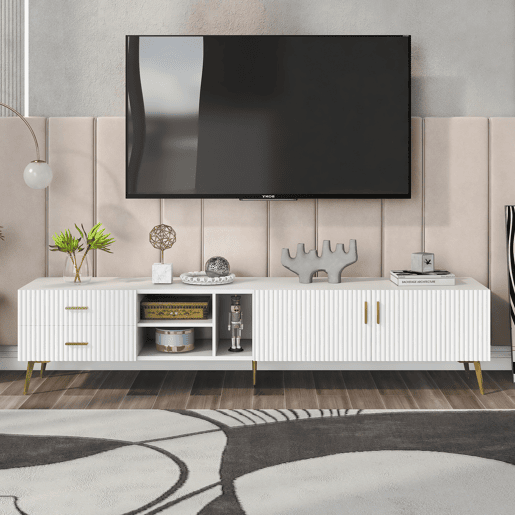 Móvel TV escandinavo contemporâneo de 180 cm para TV de 75u201D - 2 gavetas e 3 compartimentos - branco Móvel TV escandinavo contemporâneo de 180 cm para TV de 75u201D - 2 gavetas e 3 compartimentos - branco