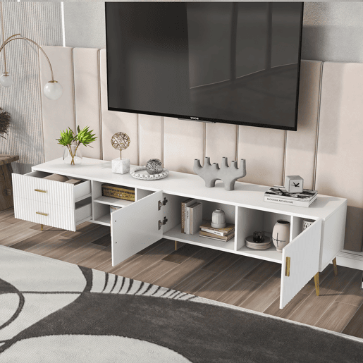Móvel TV escandinavo contemporâneo de 180 cm para TV de 75u201D - 2 gavetas e 3 compartimentos - branco Móvel TV escandinavo contemporâneo de 180 cm para TV de 75u201D - 2 gavetas e 3 compartimentos - branco