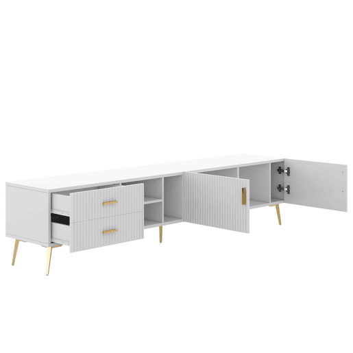 Móvel TV escandinavo contemporâneo de 180 cm para TV de 75u201D - 2 gavetas e 3 compartimentos - branco Móvel TV escandinavo contemporâneo de 180 cm para TV de 75u201D - 2 gavetas e 3 compartimentos - branco