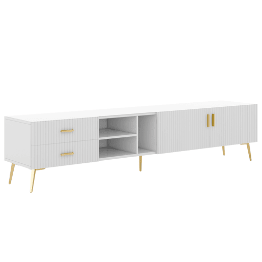 Móvel TV escandinavo contemporâneo de 180 cm para TV de 75u201D - 2 gavetas e 3 compartimentos - branco Móvel TV escandinavo contemporâneo de 180 cm para TV de 75u201D - 2 gavetas e 3 compartimentos - branco
