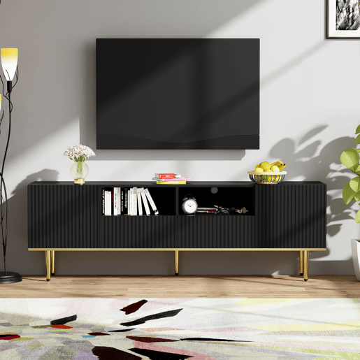 Móvel moderno para televisão - com 2 portas e 2 gavetas - pés metálicos - Preto