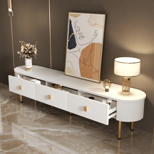Móvel TV moderno - 3 gavetas com pegas e pernas douradas - Branco
