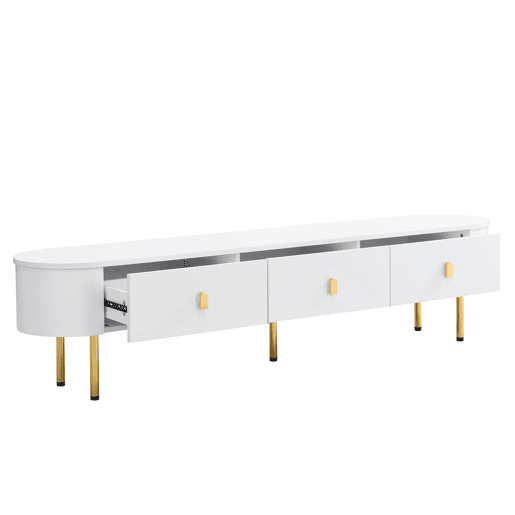 Móvel TV moderno - 3 gavetas com pegas e pernas douradas - Branco